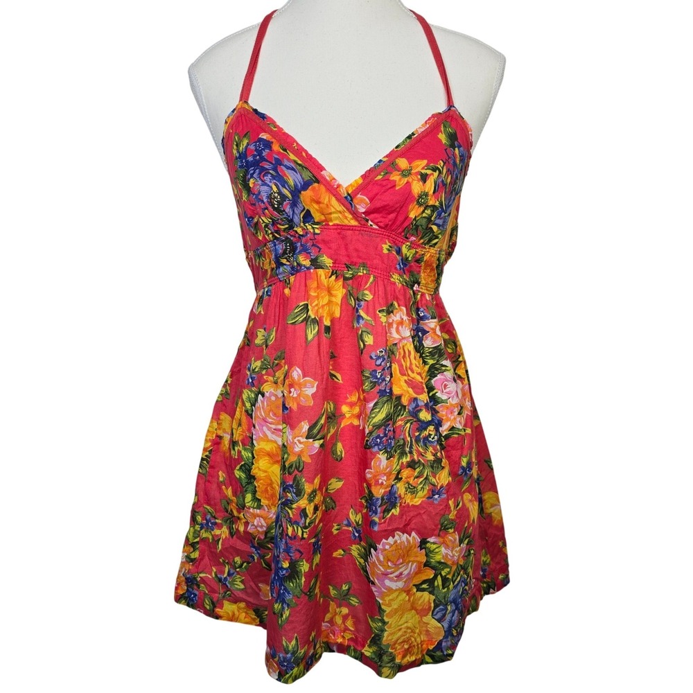 Hollister Y2K Red Floral Halter Mini Dress Smocked Back Cotton Summer Size M